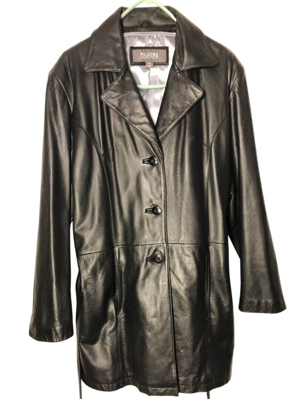 Wilsons Leather Womens Leather Jacket 1X Black Button Front Collared Belted